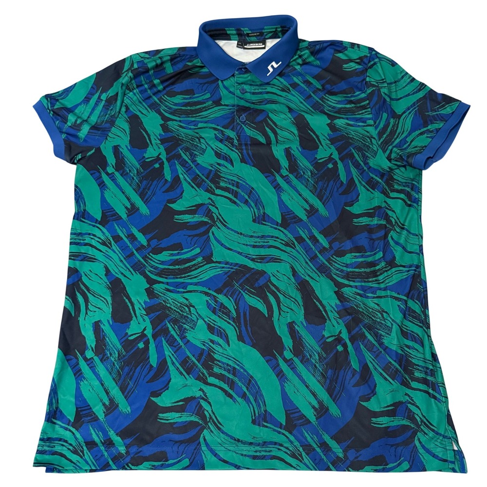 J.Lindeberg Mens KV Regular Fit Print Polo Blue Green Abstract Golf Shirt XXL